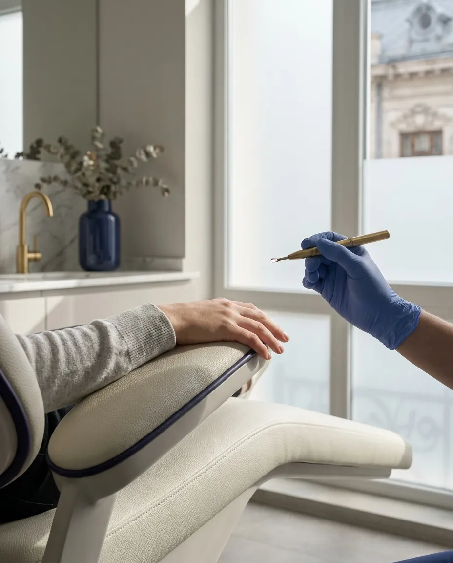 Mâna relaxată a pacientului pe scaunul stomatologic