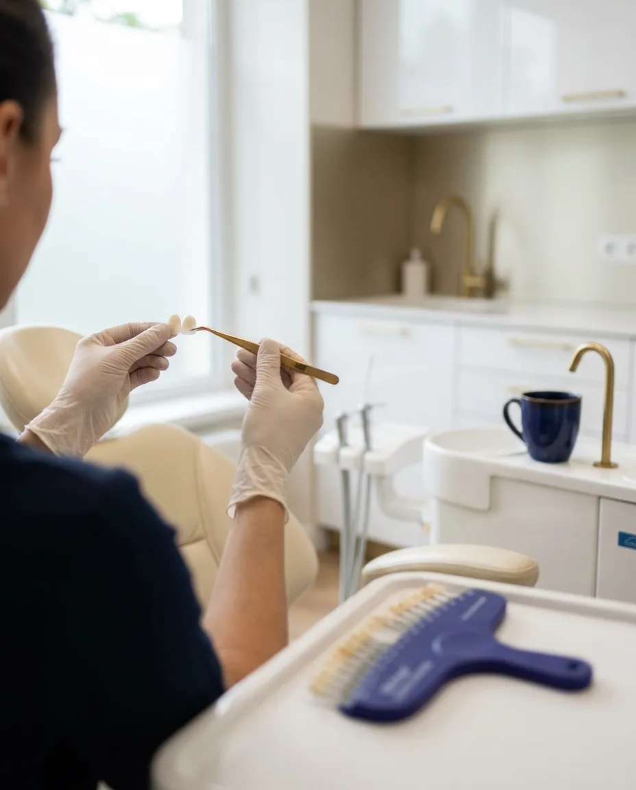 Fațetă ceramică ținută în penseta medicului, în lumină