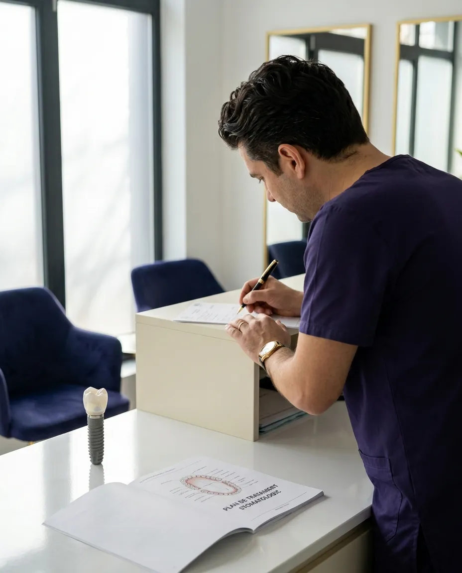 Model de implant dentar lângă un plan de tratament, pe biroul medicului