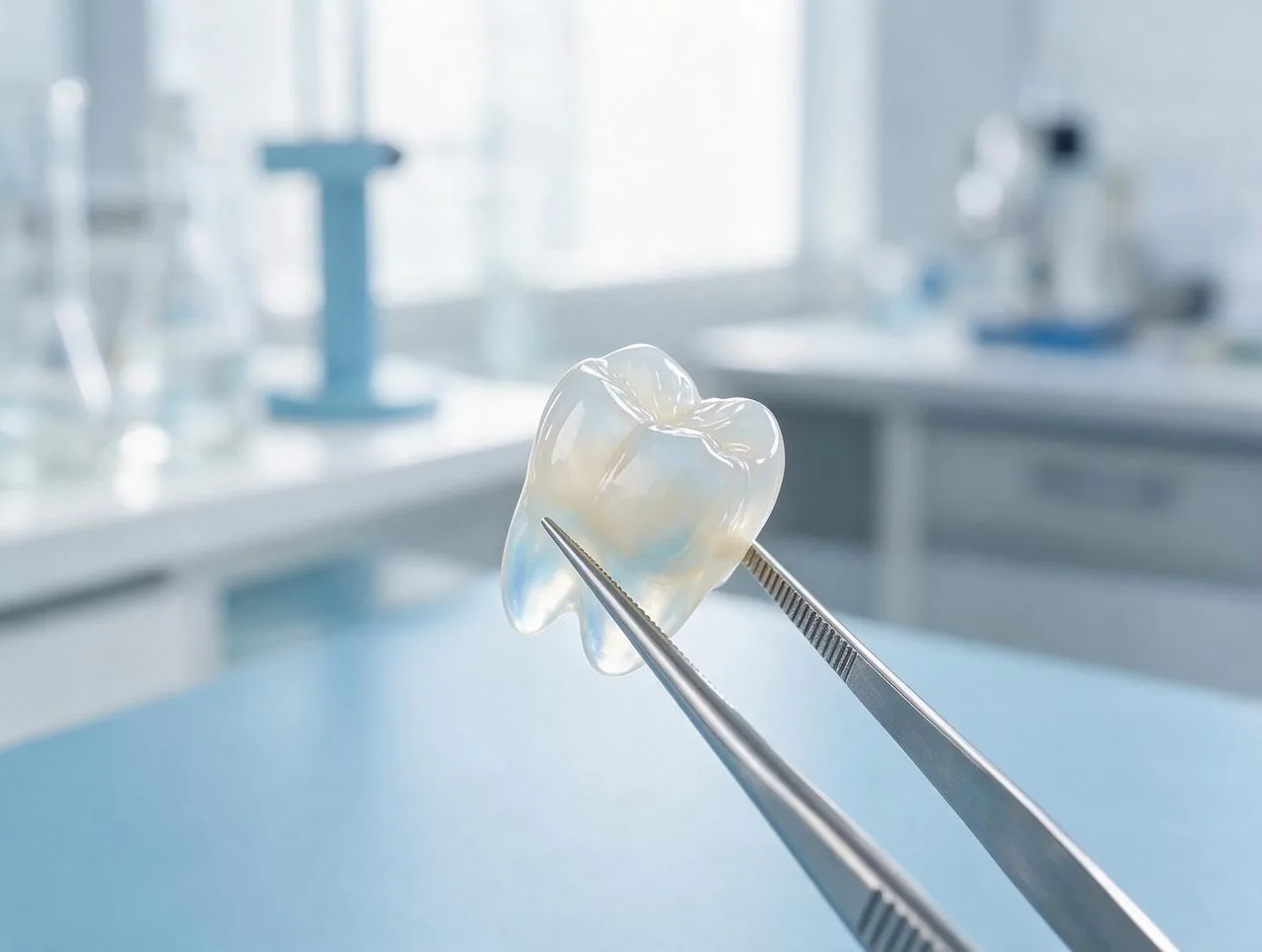 Coroană ceramică translucidă ținută în pensetă, în lumină de fundal