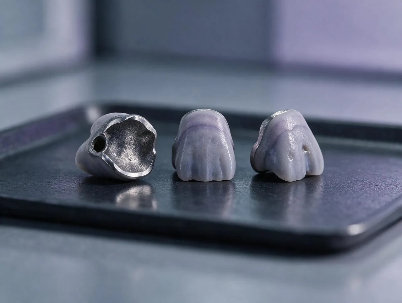 Coroane metalo-ceramice aliniate pe o tavă de laborator