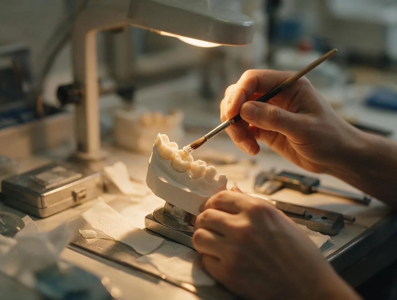 Tehnician dentar aplicând ceramică feldspatică peste un schelet de zirconiu