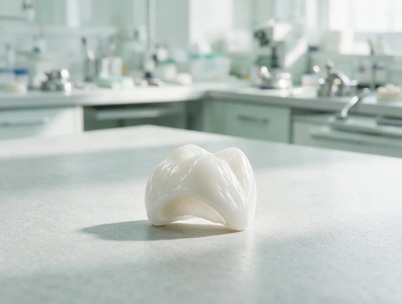 Coroană dentară din zirconiu monolit pe blatul unui laborator dentar