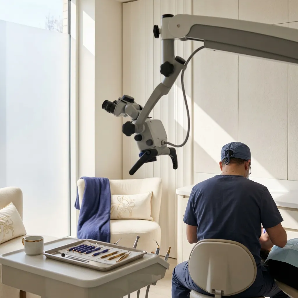 Microscop dentar în cabinet, medicul pregătind tratamentul