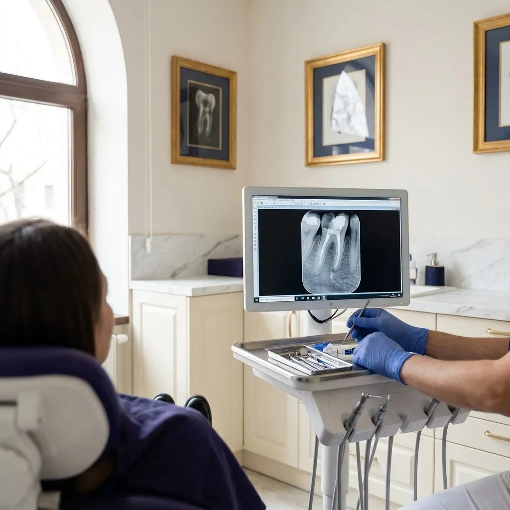 Radiografie de canal pe ecran, cu instrumentar endodontic pregătit