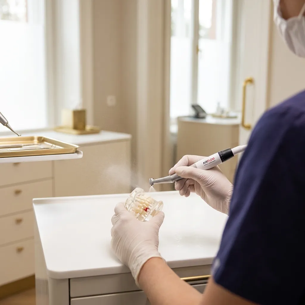 Piesă AirFlow în lucru pe un model dentar, în mâinile igienistului