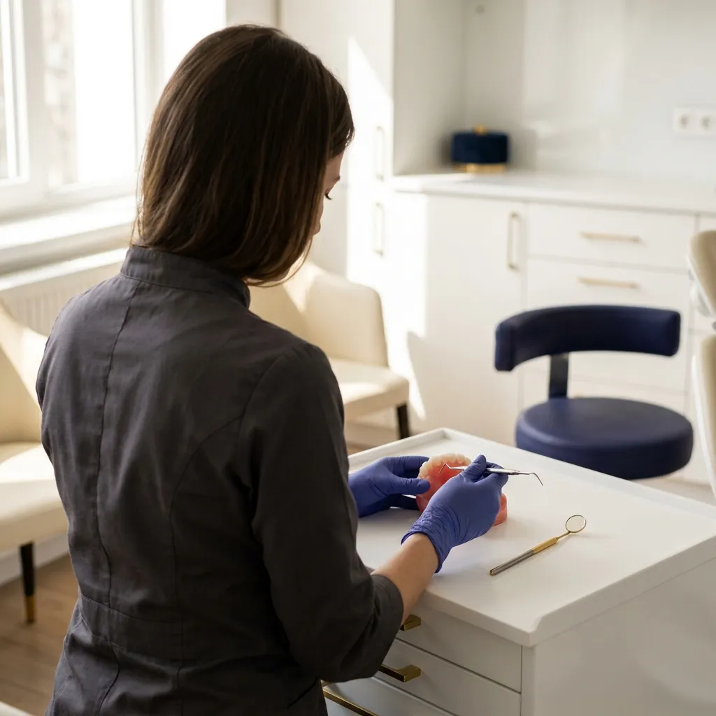 Sondă parodontală pe gingie sănătoasă, detaliu de examinare