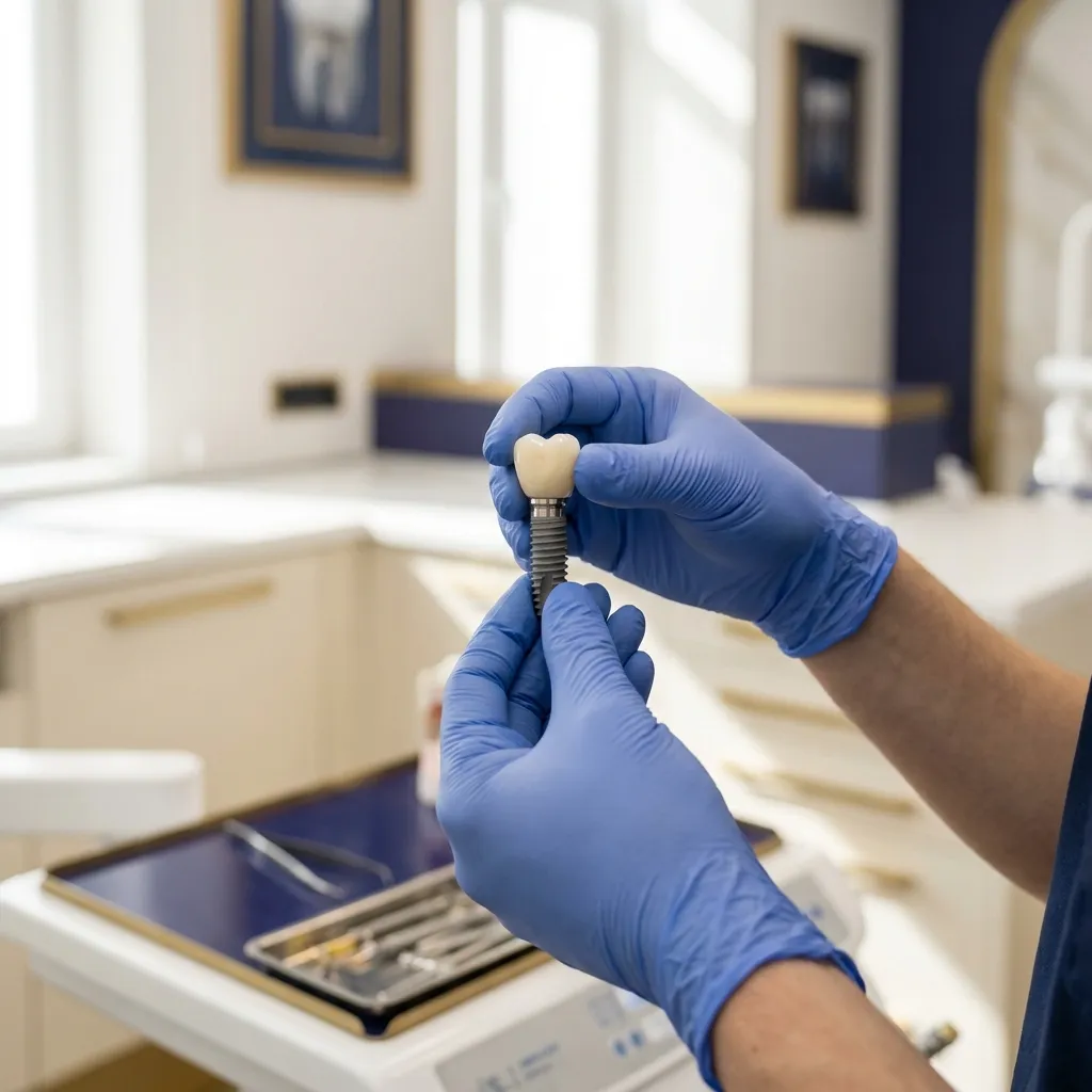 Model de implant dentar cu șurub de titan și coroană, în mâinile medicului