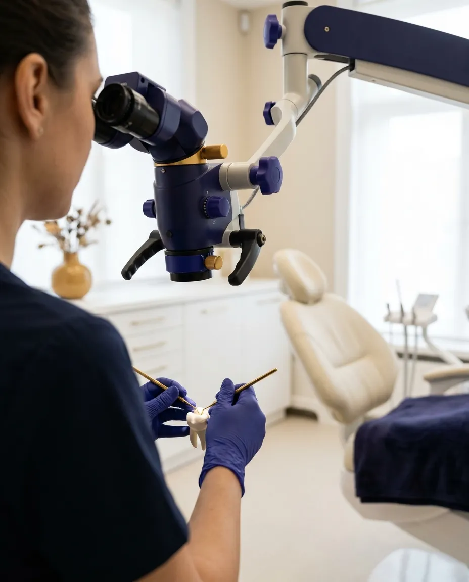Obturație lucrată la microscop, instrumentar fin în prim-plan