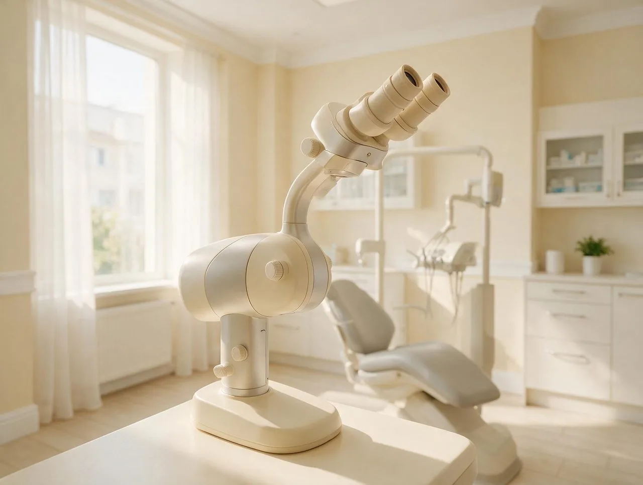 Microscop dentar binocular, cu unitul stomatologic în fundal