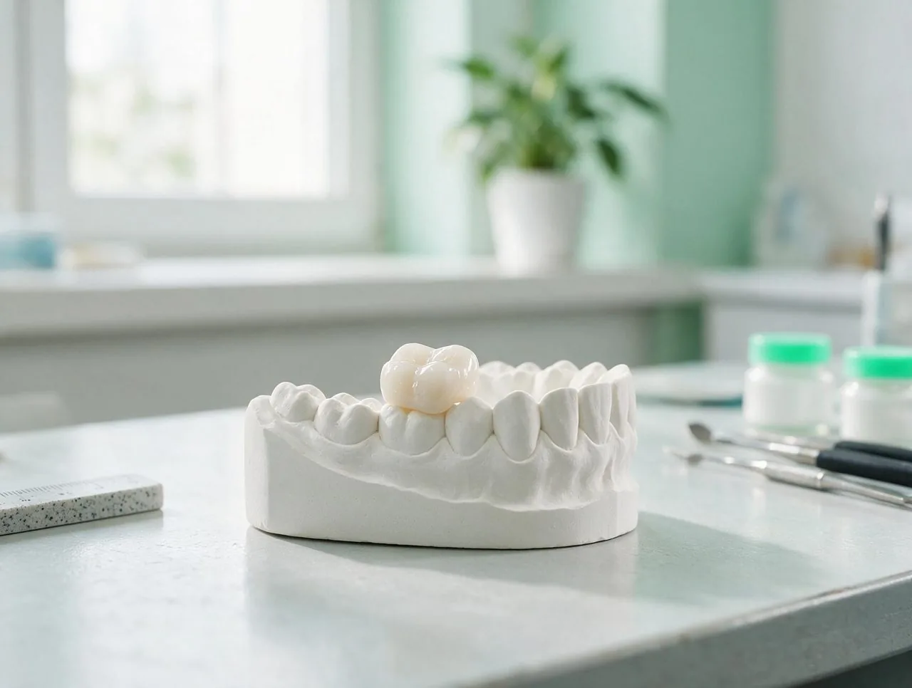 Model de studiu cu un onlay ceramic montat pe un molar