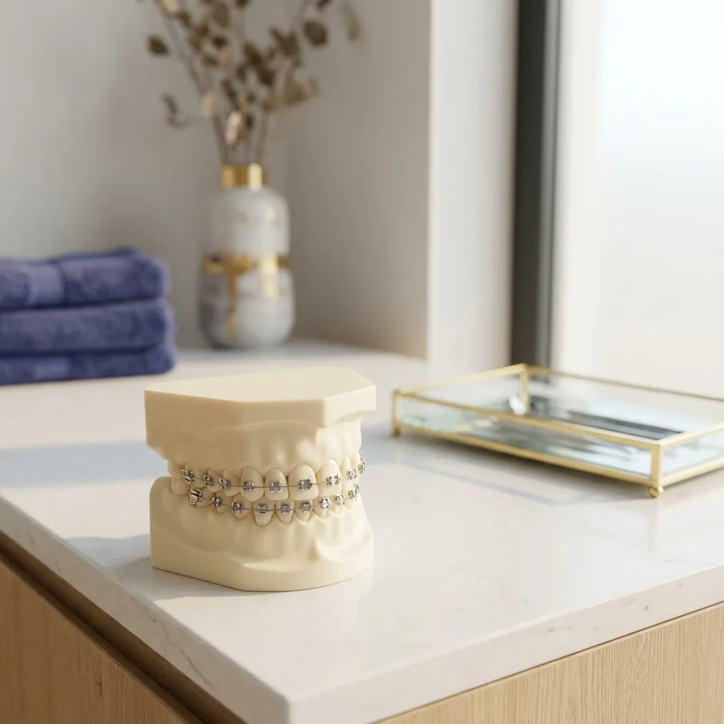 Bracketi metalici cu arc ortodontic pe model dentar